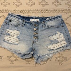Kan Kan Light Blue Distressed Button-Front Denim low-rise Shorts